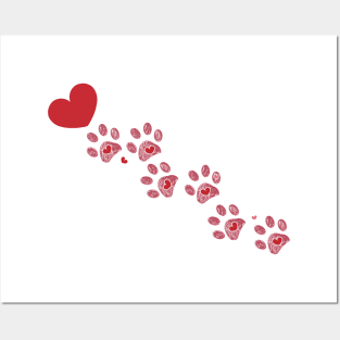 Dog paw print with hearts Posters and Art